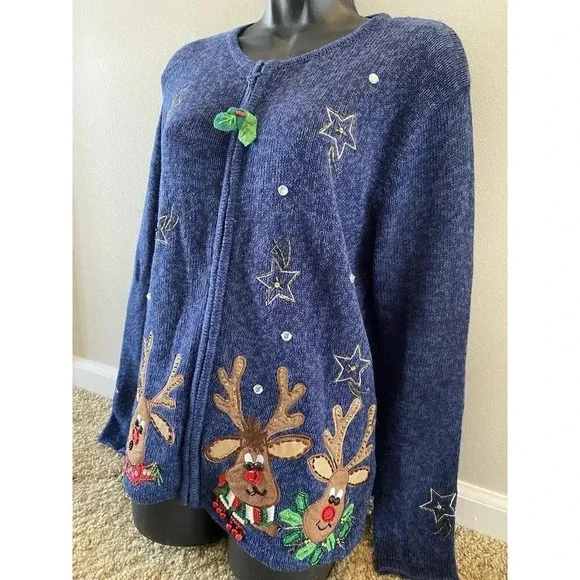 Vintage Ms Lee Christmas Sweater Cardigan Women's Large Embroidered Reindeer - Picture 11 of 16